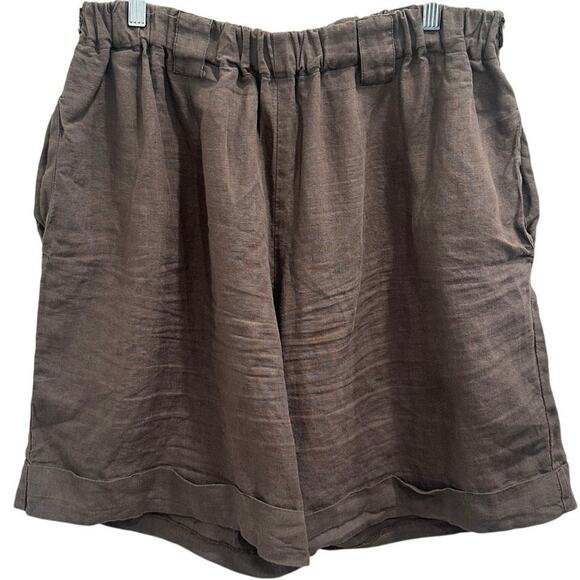 Len Ok Brown Linen Elastic Waist Shorts XXXL Relaxed Fit Coastal Lagenlook Boho - Picture 1 of 9